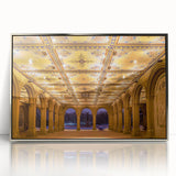 Mid-century modernist art of Central Park with muted green and brown tones on a silver-framed acrylic print.