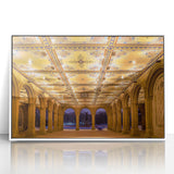 Acrylic print of Central Park in muted green and white tones, framed in white.