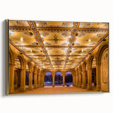 Framed canvas wall art featuring a vintage-style landscape painting of Central Park, NYC in black and gold tones.