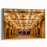 Framed canvas of a vintage-style landscape painting depicting Central Park in muted greens and browns.