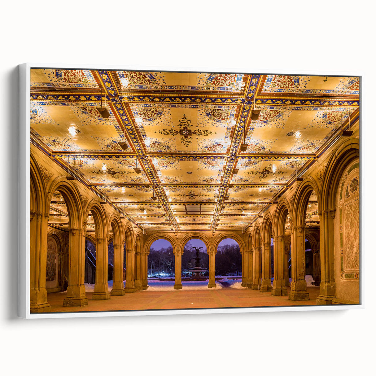 Vintage poster art of Central Park with colorful art on framed canvas, ideal for living room decor.