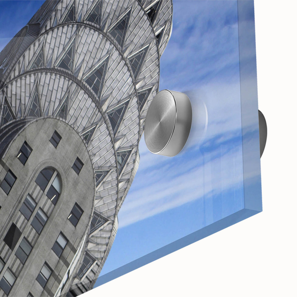 Mid-century modernist art of the NYC Chrysler Building in muted gray tones on acrylic glass, ideal for dining room art.