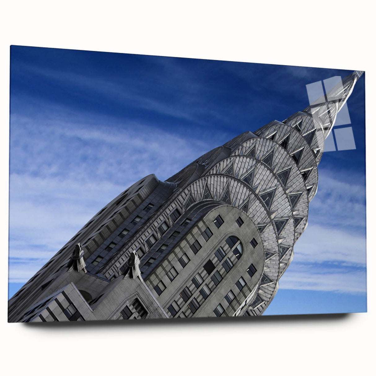 Acrylic print of the Chrysler Building in muted gray tones, ideal for bedroom or dining room art.