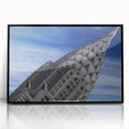 Large abstract wall art of the NYC Chrysler Building in black and gray tones on a framed acrylic print.