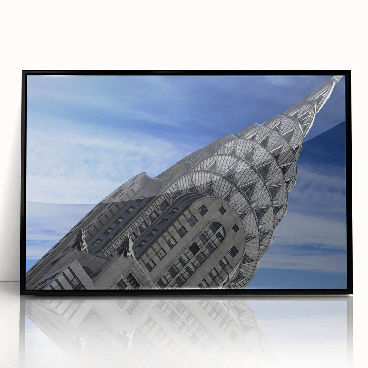 Large abstract wall art of the NYC Chrysler Building in black and gray tones on a framed acrylic print.