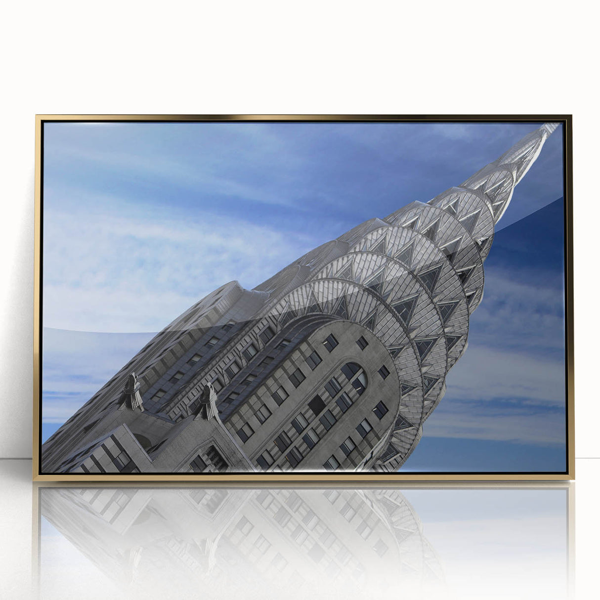 Acrylic print of the Chrysler Building in gold and black tones, in a mid-century modernist style.