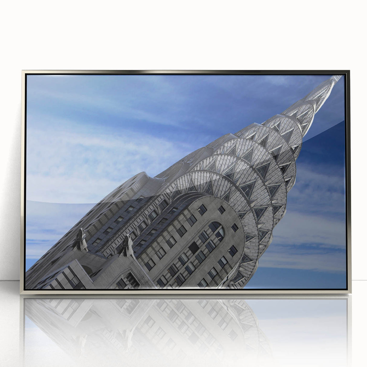 Mid-century modernist art of the Chrysler Building in silver tones on a framed acrylic, ideal for modern art wall decor.