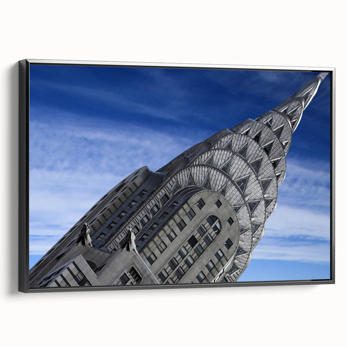 Black and white framed canvas of the Chrysler Building, ideal for bedroom wall art in a vintage poster style.