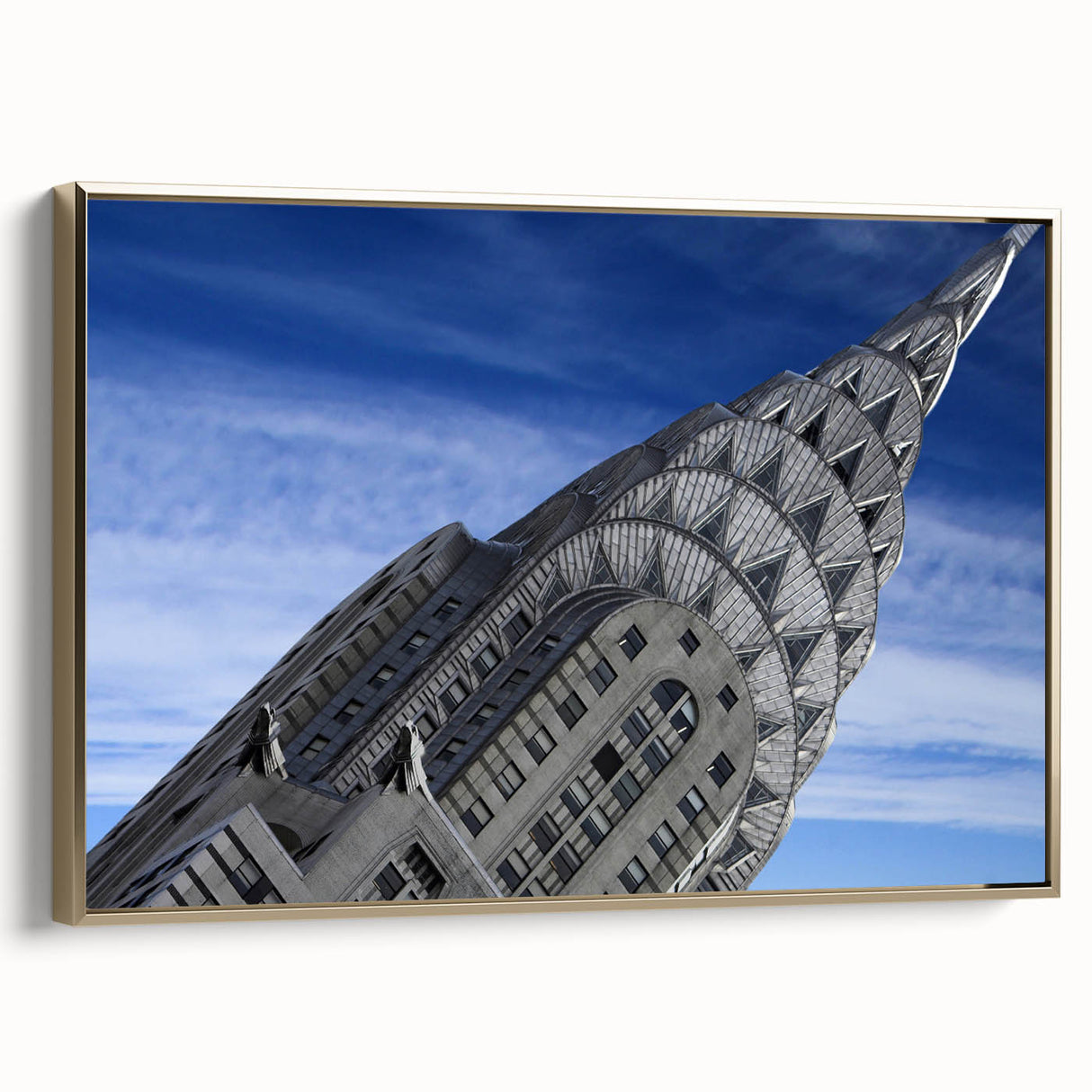 Side view of the Chrysler Building in gold and black tones on a framed canvas, suited for bedroom wall art.
