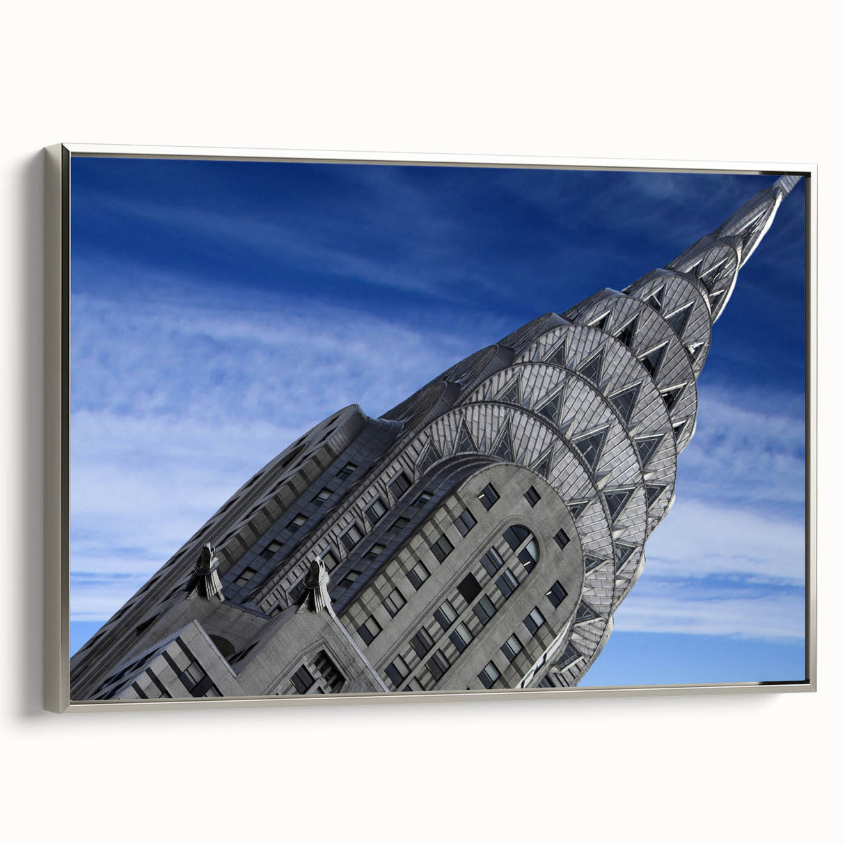 Framed canvas of the Chrysler Building in grayscale with colorful background, ideal for a modern office.