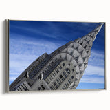 Framed canvas of the Chrysler Building in grayscale with colorful background, ideal for a modern office.
