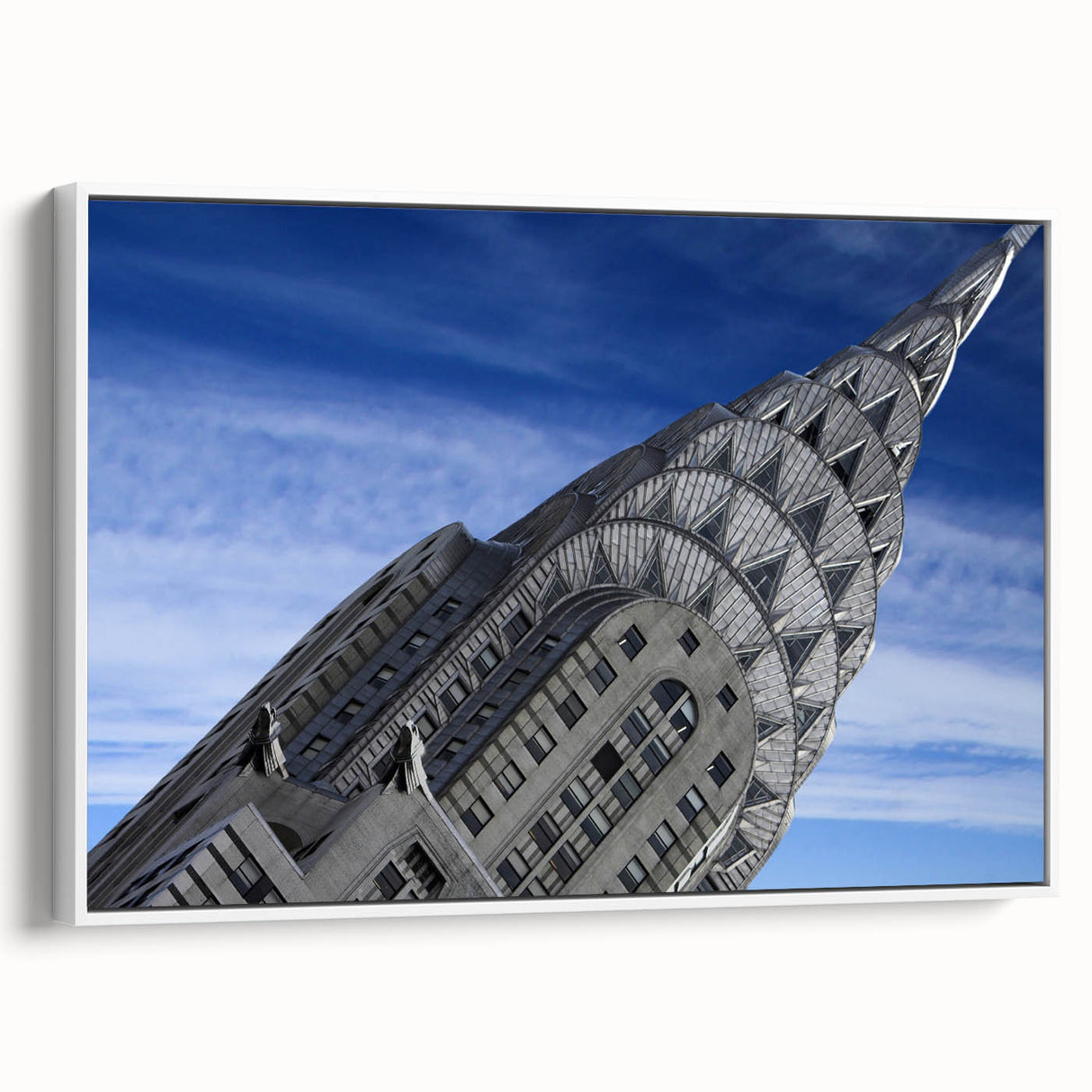 Vintage poster art of the Chrysler Building on a framed canvas, featuring a monochrome palette, ideal for living room decor.
