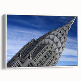 Vintage poster art of the Chrysler Building on a framed canvas, featuring a monochrome palette, ideal for living room decor.