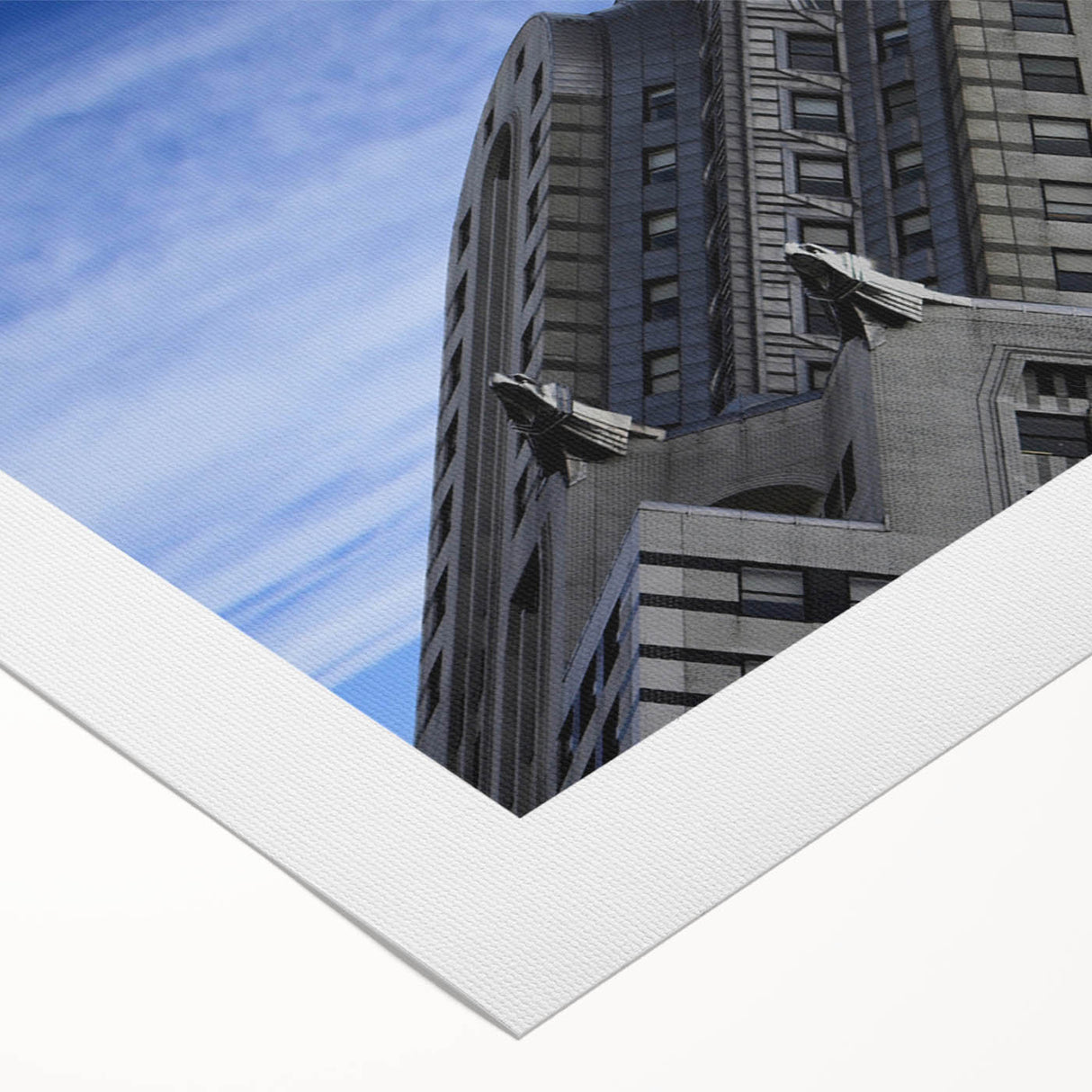 Art deco poster of the Chrysler Building in monochrome, on rolled canvas, suitable for dining room wall art.