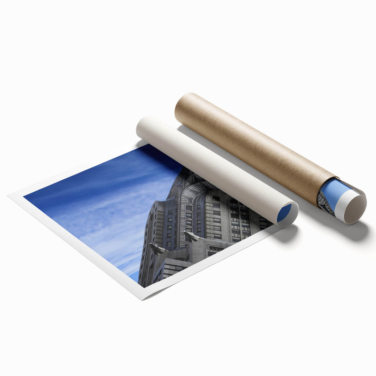 Extra large rolled print of the Chrysler Building in muted gray tones, ideal for classy bathroom wall art.