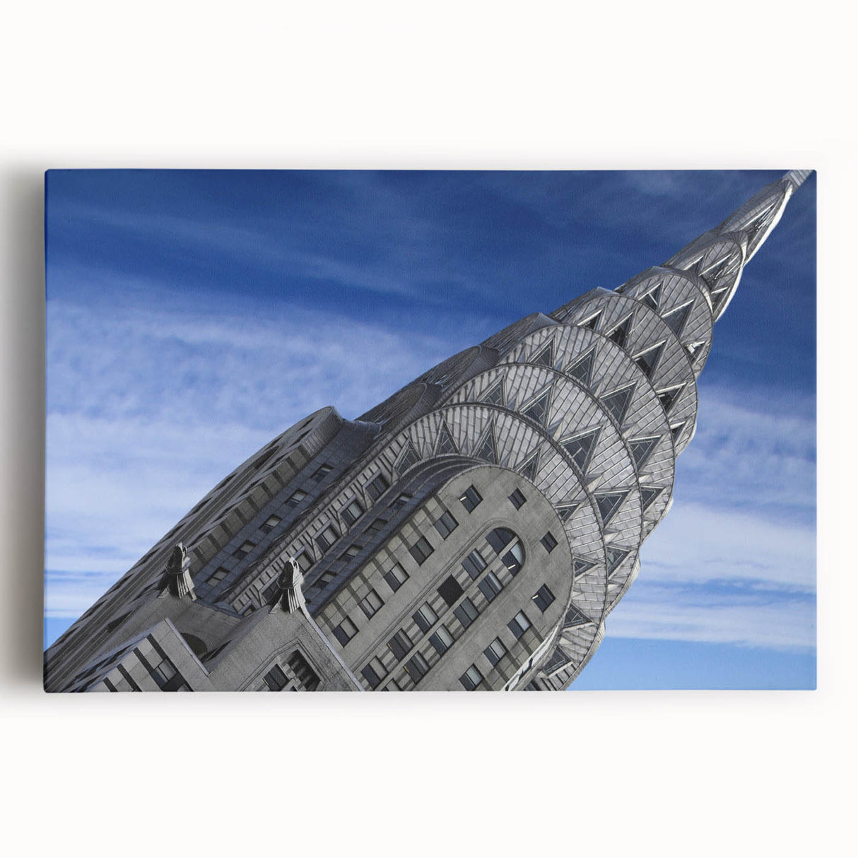 Black and white photograph of the Chrysler Building on stretched canvas, ideal for kitchen wall art.