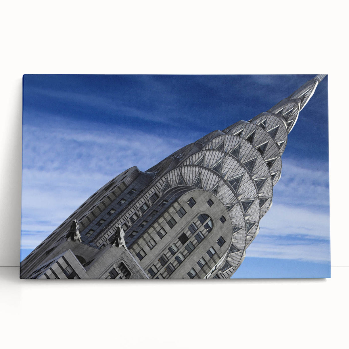 Black and white image of the Chrysler Building on stretched canvas, ideal for kitchen wall art or bedroom decor.