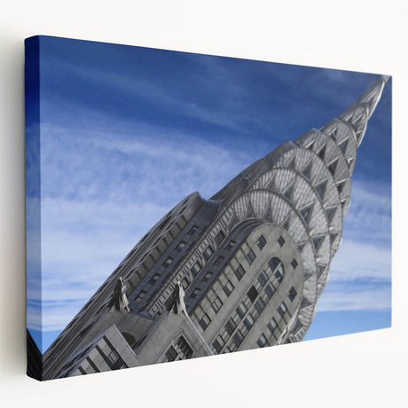 Side view of a stretched canvas depicting the Chrysler Building in grayscale tones, suitable for kitchen wall art.