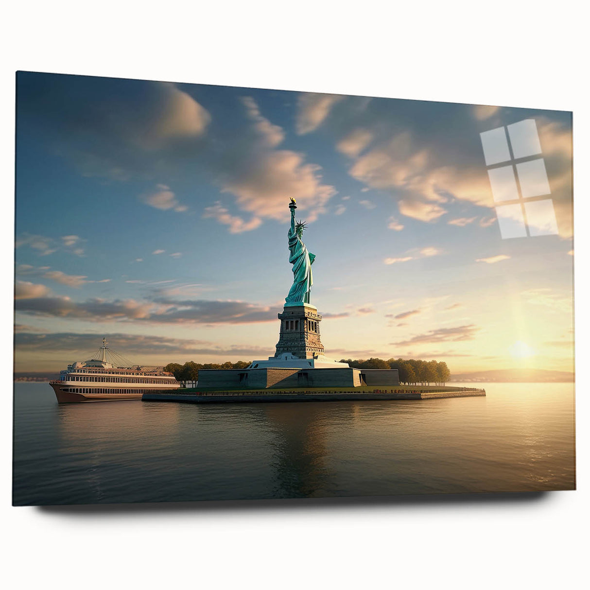 Acrylic print of abstract Ellis Island scenery in monochrome shades, suitable as bedroom or dining room art.