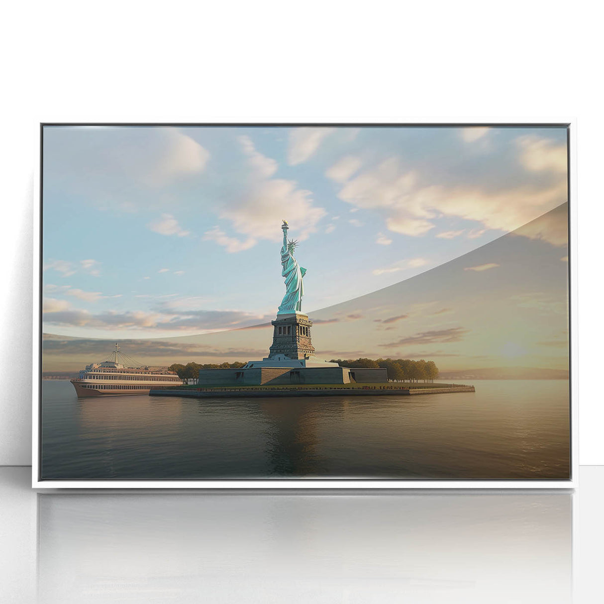 Art deco poster of Ellis Island in a muted color palette on white framed acrylic, suitable for modern art wall decor.