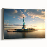 Framed canvas of a vintage-style landscape art painting depicting Ellis Island, featuring a black and colorful art palette.