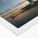 Art deco poster of Ellis Island with muted blue and beige tones on rolled canvas, suitable for dining room wall art.