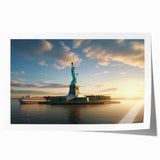 Ellis Island and NYC skyline in muted gray and blue tones on a rolled canvas print, suitable for dining room wall art.