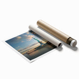Extra large rolled print featuring Ellis Island in muted blue and green tones, suitable for classy bathroom wall art.
