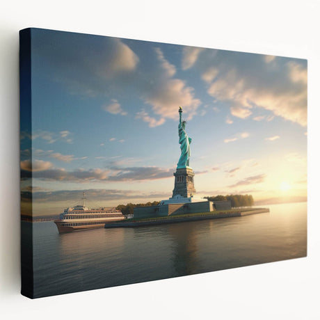 Ellis Island and NYC skyline on stretched canvas, featuring muted earth tones, suitable for kitchen wall art.