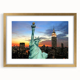 Extra large abstract art print of NYC Empire State Building in textured gold frame, ideal for living room decor.