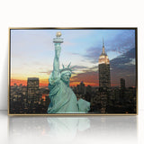 Large art print of NYC Empire State Building in gold tones on acrylic, framed, mid-century modernist style.