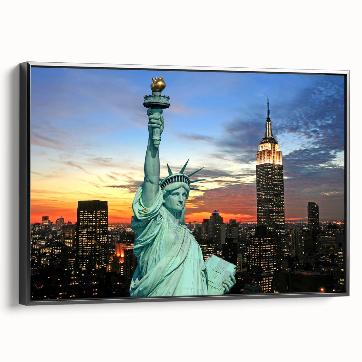 Black and white wall art of NYC Empire State Building in a vintage poster style on framed canvas, suitable for bedroom decor.
