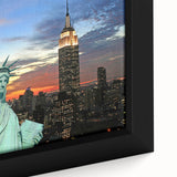 Black wall art featuring a textured close-up of the NYC Empire State Building in colorful art style, framed canvas.