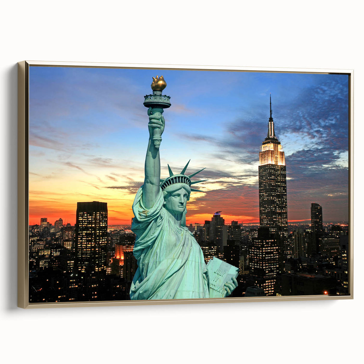 Framed canvas of the NYC Empire State Building in black with gold accents, ideal for bedroom wall art.