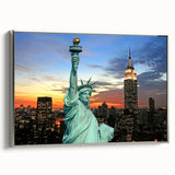 Framed canvas of a vintage-style New York City skyline in black with colorful accents, ideal for office decor.