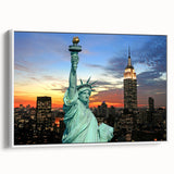 Vintage poster art of NYC Empire State Building in colorful art style, framed canvas ideal for living room wall.