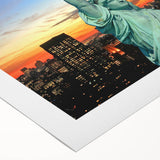 Art deco poster of NYC skyline in muted metallic tones on rolled canvas, suitable for dining room walls.