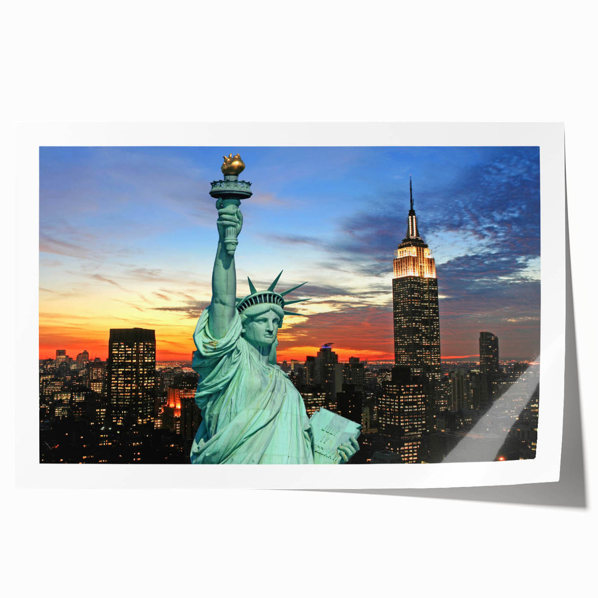 Empire State Building in monochrome tones on a rolled canvas, suitable as art wall dining room.