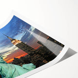 Extra large rolled print of line art flowers over a New York City backdrop in black and white.