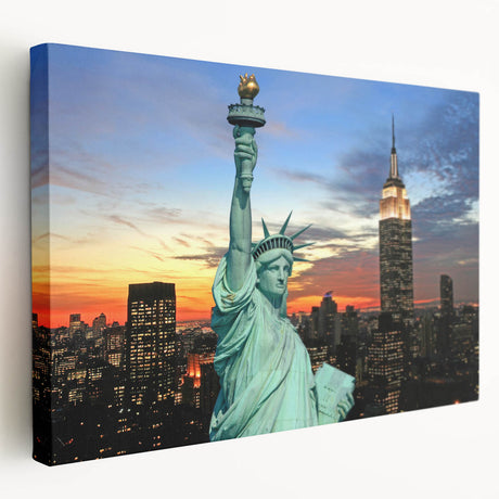 Side view of a stretched canvas depicting the Empire State Building in a monochrome color scheme.