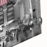 Mid-century modernist acrylic print of abstract NYC Grand Central scene in muted tones, ideal for dining room art.