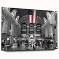 Acrylic print of a large abstract depiction of NYC’s Grand Central, with muted gray and blue tones.