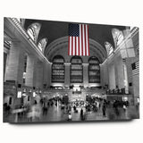 Acrylic print of a large abstract depiction of NYC's Grand Central, in muted gray and blue tones.