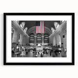 Extra large abstract art print of NYC's Grand Central, featuring vibrant, colorful textures on a framed black mat.
