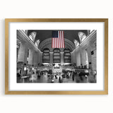 Extra large abstract art print of NYC's Grand Central, in textured gold frame, ideal for living room decor.