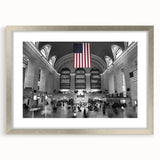 Textured art print of New York City's Grand Central Station in muted grays and blues, framed in silver.