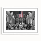 Abstract art print of NYC's Grand Central in muted gray and blue tones, framed with a white mat.
