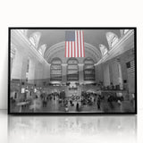 Large abstract wall art of NYC's Grand Central in black and white tones on framed acrylic.