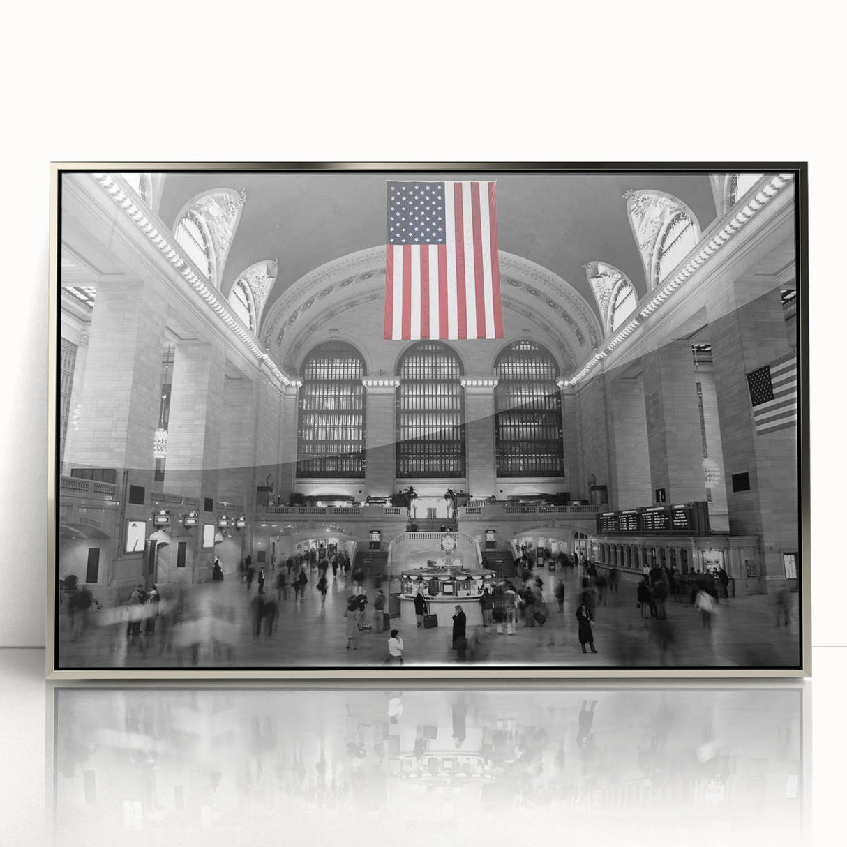 Mid-century modernist art of New York's Grand Central in silver frame, acrylic print, suitable for modern art wall decor.
