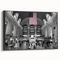 Black and white vintage poster art of NYC Grand Central, framed canvas, ideal for bedroom wall decor.